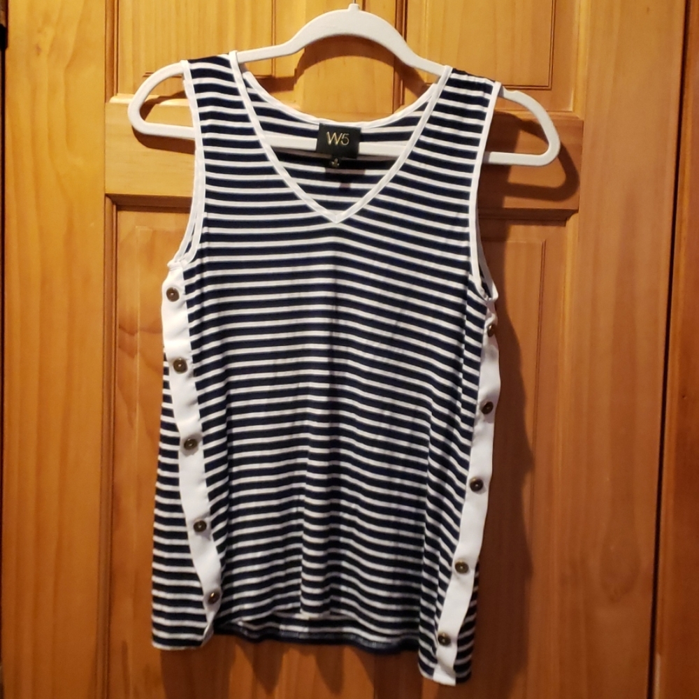 W5 blue & white strip nautical Preppy side faux button tank